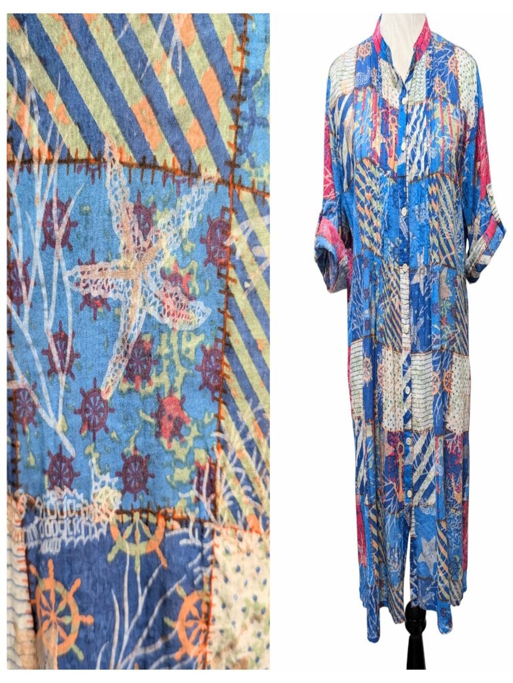 Bizermani Athens Womens OS Nautical 100% Cotton Roll Tab Sleeves Tunic Dress